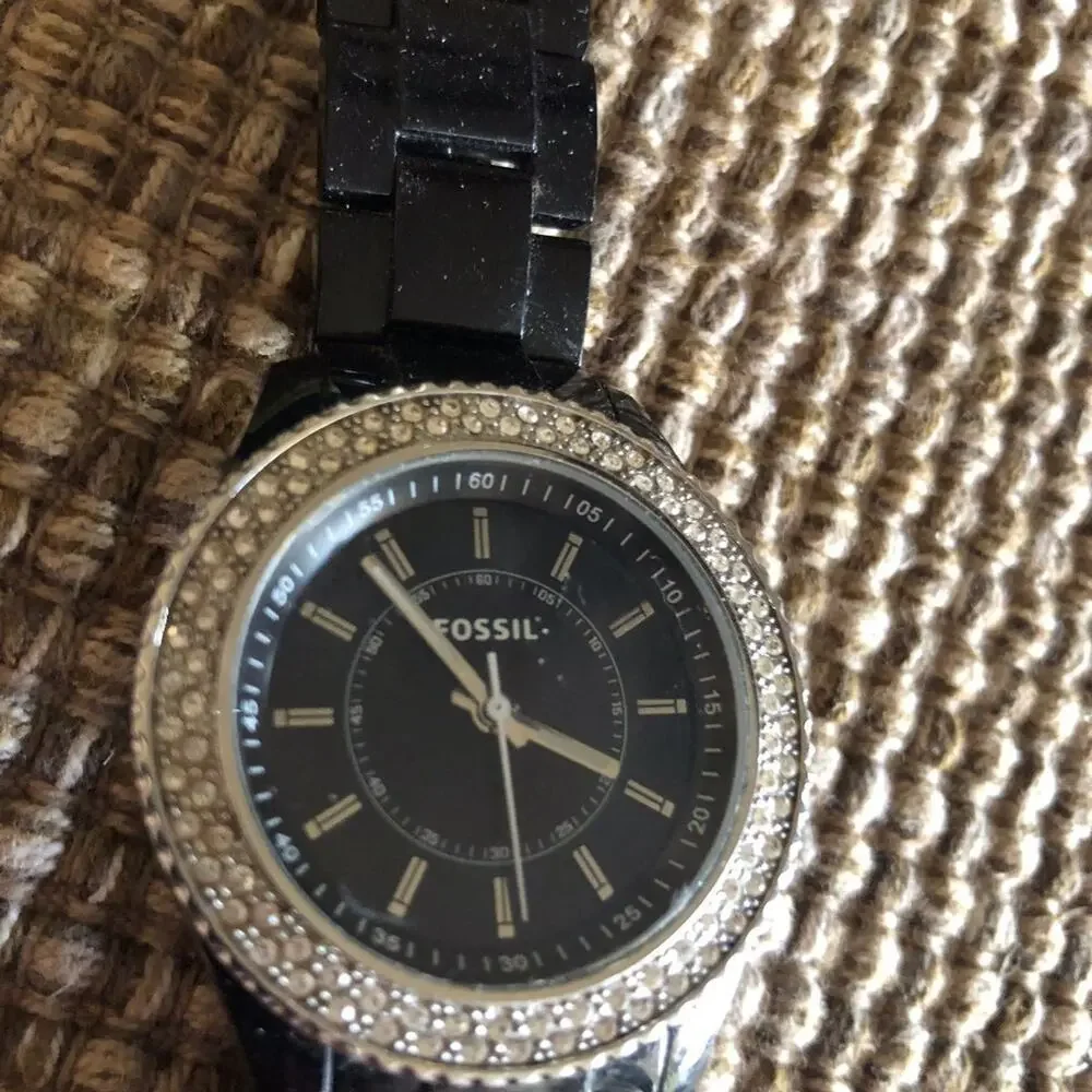 Fossil black resin watch w/ rhinestone face